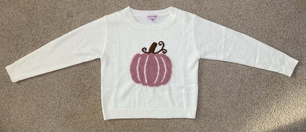 Chenault Girl White 4T Sweater Pink Fuzzy Pumpkin Long Sleeve